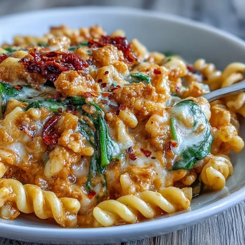 Creamy Tuscan Chili Mac served steaming in a bowl, garnished with melted Parmesan and fresh basil leaves.