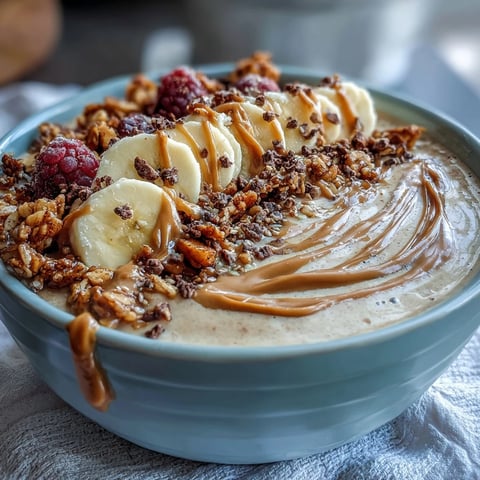 Thick and creamy Vegan Peanut Butter Banana Protein Smoothie Bowl topped with sliced bananas, granola, and a rich peanut butter drizzle.