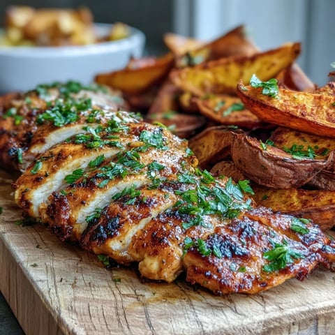 Golden-brown Honey Mustard Grilled Chicken with Roasted Sweet Potato Wedges garnished with fresh parsley on a rustic plate.