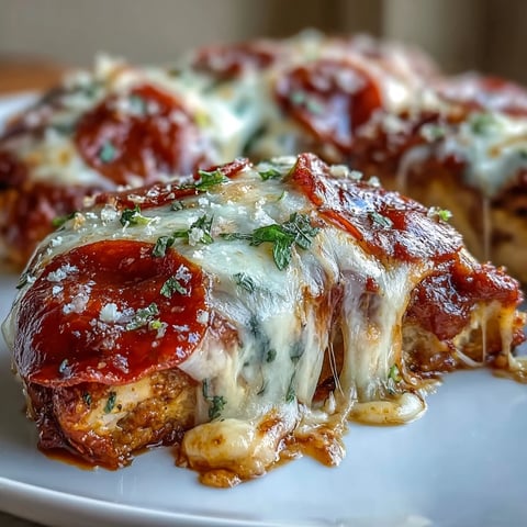 Freshly baked Keto Pepperoni Pizza Chicken Bake with melted mozzarella and golden, crispy pepperoni slices.