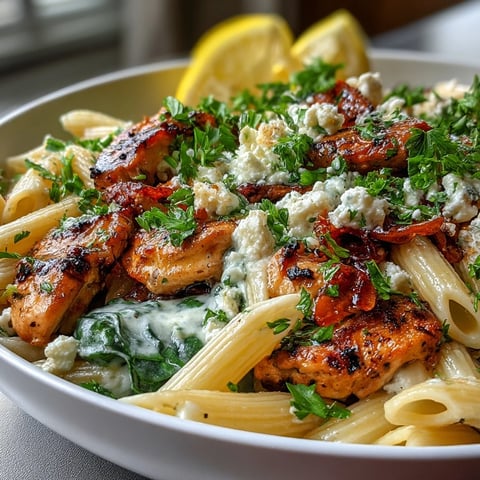Close-up of Greek Chicken Feta Pasta Skillet with creamy sauce, wilted spinach, and crumbled feta in a cast-iron pan.