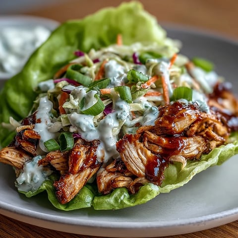 High-Protein BBQ Chicken Lettuce Wraps with Slaw filled with juicy, smoky chicken and crisp cabbage slaw in fresh lettuce cups.
