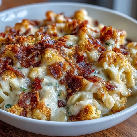 Creamy keto mac and cheese with roasted cauliflower and crispy bacon crumbs, a comforting low-carb dish for dinner.