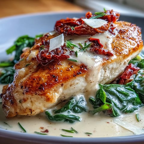 Keto Creamy Tuscan Chicken with Spinach and Sun-Dried Tomatoes in a rich garlic cream sauce.  