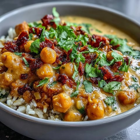 Creamy vegan mango coconut curry with tender chickpeas and sweet mango, served over fluffy rice in a cozy bowl.  
