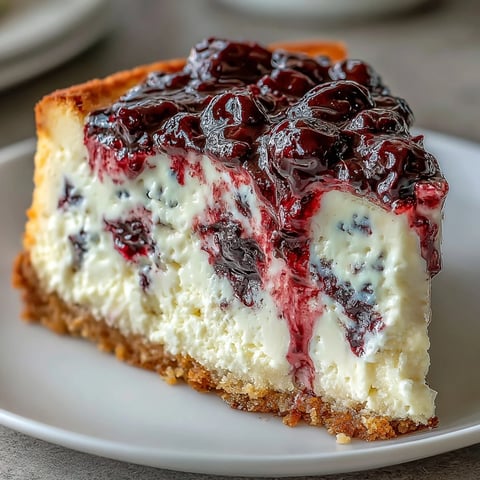 Decadent black currant cheesecake with swirls of vibrant compote on a buttery graham cracker crust. Rich, creamy texture and tangy-sweet flavor in every slice.
