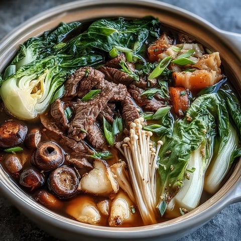 A steaming pot of Asian Hot Pot with fresh vegetables, tofu, and thinly sliced beef simmering in savory broth at the table. Guests gather around, cooking ingredients in a communal, interactive dining experience. Vibrant colors and enticing aromas fill the air as everyone customizes their own bowls.