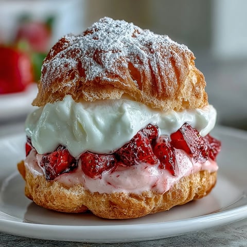 A platter of Valentine strawberry cream puffs dusted with powdered sugar, filled with fresh strawberry whipped cream and garnished with sliced berries.  