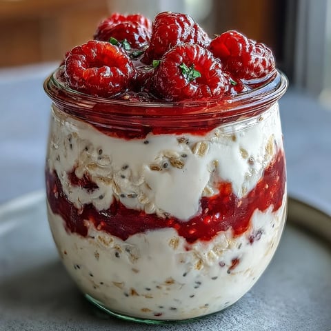 Creamy overnight oats with fresh raspberries and chia seeds, a healthy and delicious breakfast ready in minutes.