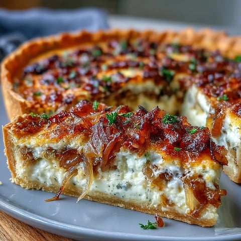 Caramelized Onion and Bacon Quiche with flaky pastry, golden custard, and melted Gruyère cheese.
