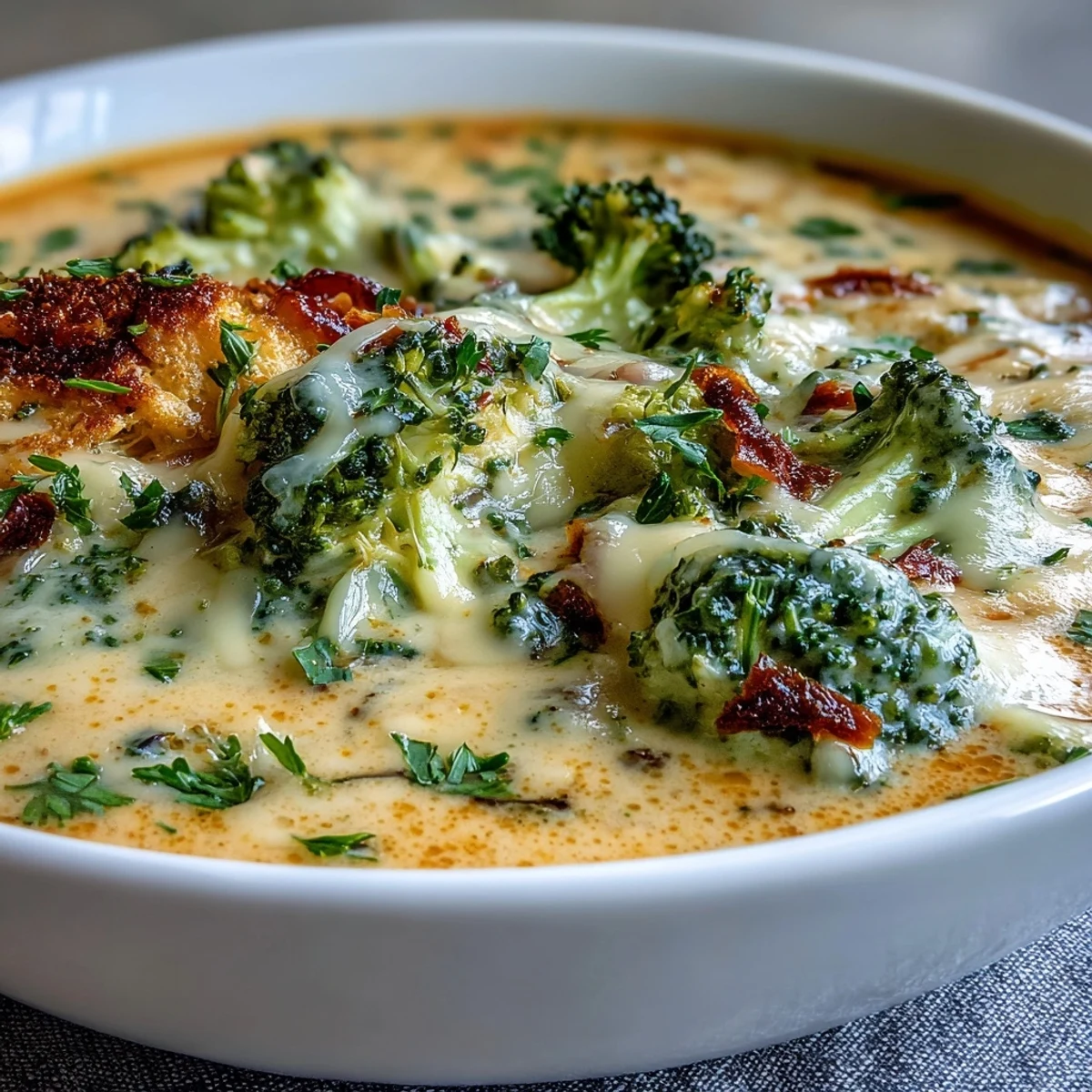 Creamy broccoli and cheddar bean soup with tender vegetables and melted cheese in a velvety broth.