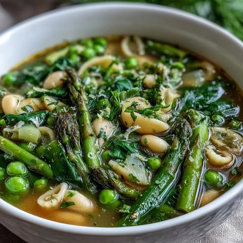 A vibrant bowl of spring minestrone with white beans and asparagus, brimming with fresh vegetables and tender pasta in a savory broth.  