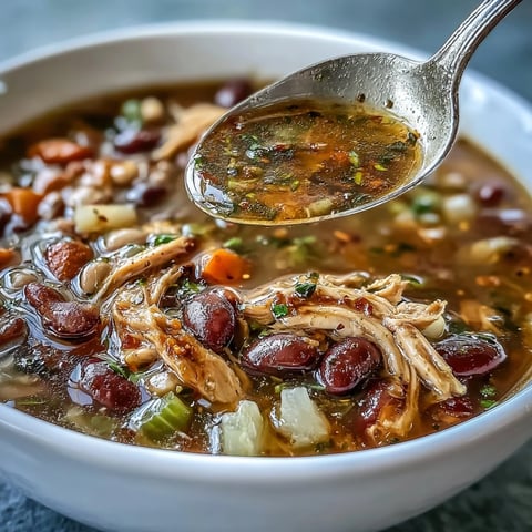 A hearty bowl of 15-bean crockpot soup with tender smoked turkey and vibrant vegetables simmering to perfection.