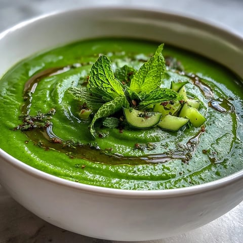 A vibrant bowl of green detox vegetable soup with zucchini and peas, garnished with fresh herbs and lemon zest.