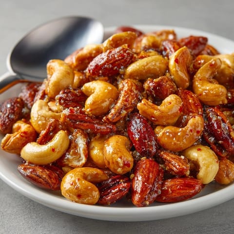 Homemade Sriracha Honey Roasted Nuts recipe; a spicy-sweet, perfectly glazed appetizer or snack.