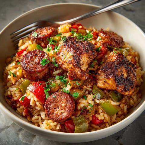 Close-up of vibrant One-Pot Cajun Chicken and Sausage Jambalaya ready to serve.