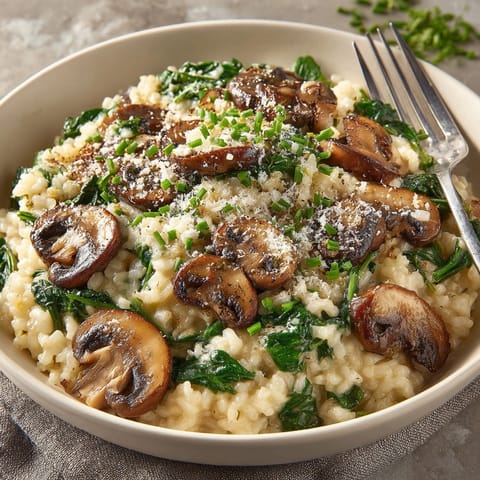 Elevated view of Creamy Mushroom and Spinach Risotto, glistening with parmesan and herbs.