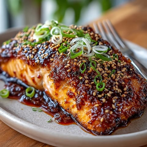 Freshly baked Honey Sriracha Glazed Salmon recipe, showcasing flaky texture and vibrant orange hue.