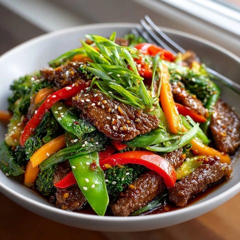 Savory and colorful spicy beef and veggie stir-fry, a quick weeknight dinner.