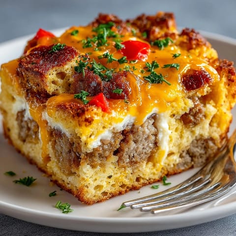 A warm, cheesy Leftover Stuffing Breakfast Casserole, eggs and sausage melding inside.