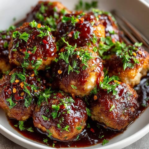 Baked Cranberry BBQ Turkey Meatballs, plated on a platter, garnished with fresh green parsley.
