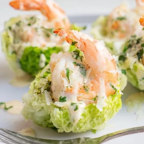 Close-up of Shrimp Alfredo Cabbage Cups, a delectable low-carb twist ready to serve.