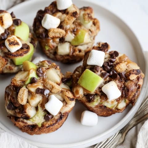 Delicious bite-sized Smores Caramel Apple Cinnamon Pancake Muffin Balls, drizzled with caramel sauce.  