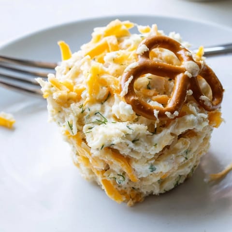 Golden muffins stuffed with dill pickles and cheese, topped with crispy pretzel bits.  
