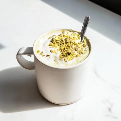 Delicious homemade pistachio milk latte, a nutty coffeehouse favorite, garnished beautifully.  