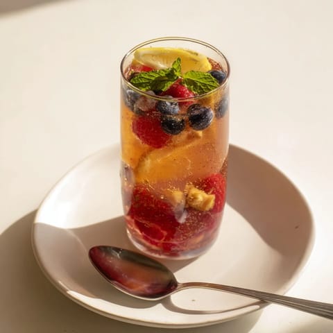 Refreshing kombucha-style mocktails, boasting colorful berries and aromatic herbs in clear bottles.  