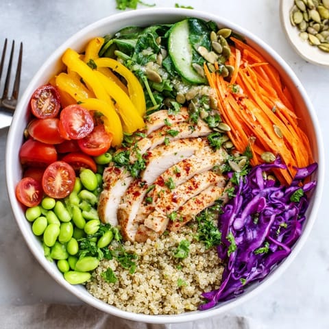 Colorful Healthy Meal-Prep Bowls drizzled with zesty dressing and topped with pumpkin seeds.  