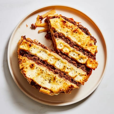 Layers of pasta and savory meat create a comforting Greek Pastitsio casserole delight.  