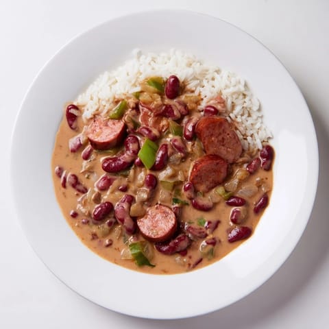 Hearty Red Beans & Rice, served atop fluffy white rice, ready for a comforting, flavorful dinner.
