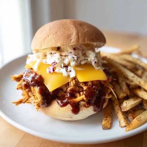 Close-up of golden-brown BBQ chicken sliders with crispy fries, an American comfort food feast.