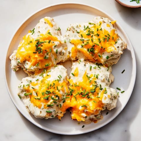 A close-up of a creamy Cheddar Ranch Chicken Bake, fresh from the oven, offering savory aromas.