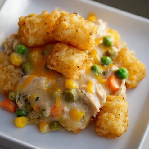 Creamy, savory Tater Tot Chicken Pot Pie: imagine the steam rising from this delicious baked dish.