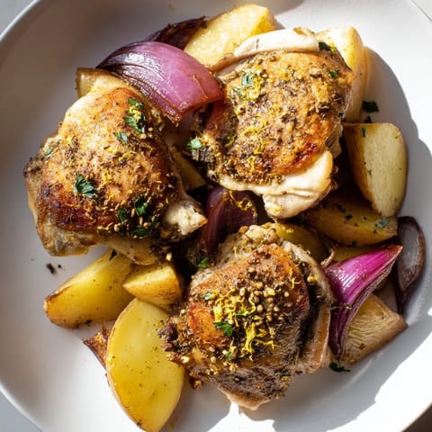 Crispy skin on perfectly roasted pan-roasted zaatar chicken and potatoes with golden, tender vegetables.