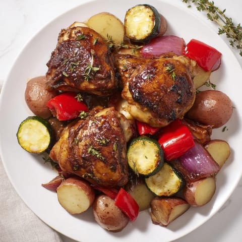 Golden-brown Black Garlic and Balsamic Chicken nestled amongst roasted potatoes, onions, and peppers, ready to serve.
