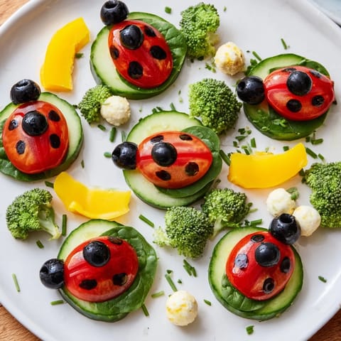 This colorful Ladybug Garden Platter appetizer includes playful ladybug veggie arrangements on a platter.