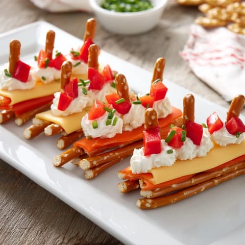 This impressive Log Cabin appetizer features layered cheese and pretzel rods, ideal for your party spread.