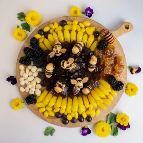 Vibrant Bumblebee Candy Board, a delicious dessert with yellow, black, and fresh fruit for everyone.
