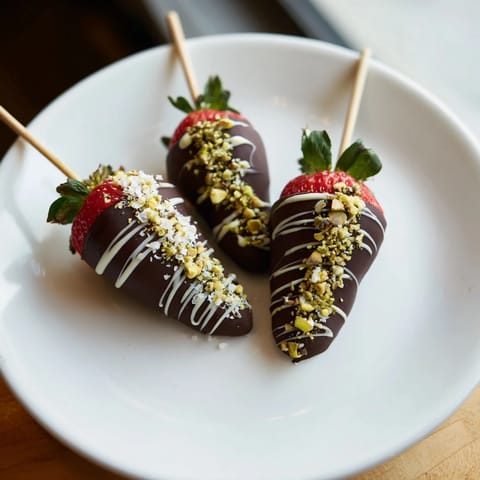 Refreshing and vibrant: imagine the red strawberries on these Chocolate-Dipped Strawberry Skewers coated in dark chocolate.