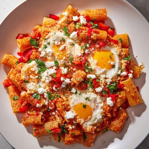 A steaming bowl of Quick Shakshuka Pasta, pasta coated in flavorful tomato sauce and topped with fresh herbs.