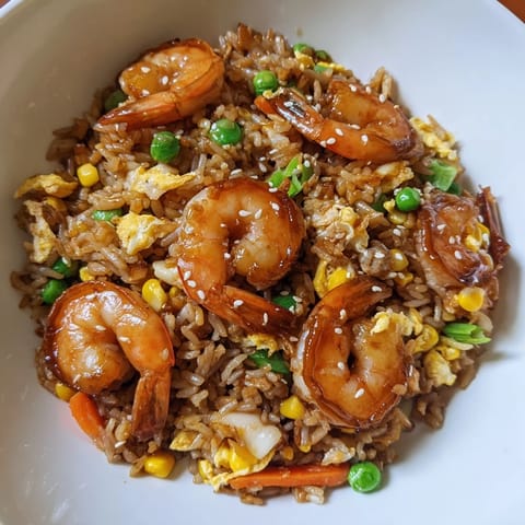 Steaming bowl of shrimp fried rice, featuring perfectly cooked shrimp and fluffy rice.