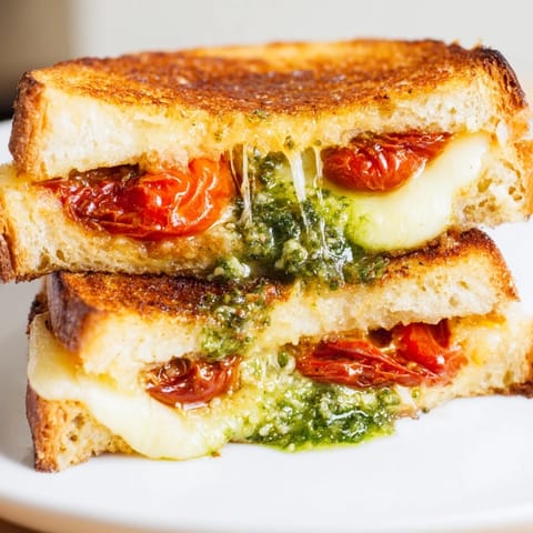 A gourmet Roasted Tomato Pesto Grilled Cheese with gooey cheese and caramelized tomatoes on crispy rustic bread.