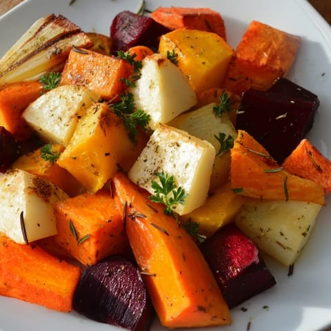 Colorful Roasted Root Vegetable Medley served warm as a hearty vegetarian side dish with herbs.