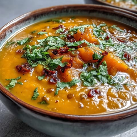 Creamy butternut squash and lentil soup garnished with fresh cilantro and a lemon wedge.