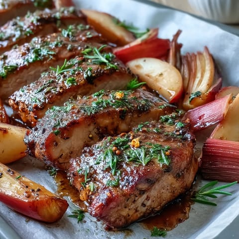 A close-up of Pork and Aromatic Rhubarb Traybake with golden pork slices nestled among tender, caramelized rhubarb pieces and red onion wedges on a baking sheet.  