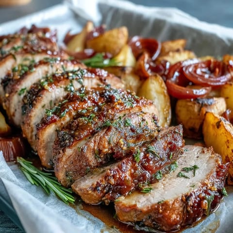 Succulent Pork and Aromatic Rhubarb Traybake served on a rustic platter, garnished with fresh parsley, with roasted potatoes and a green salad on the side.  