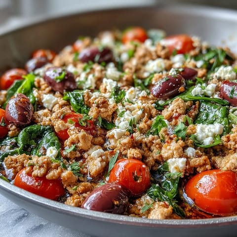 A close-up of the Mediterranean Keto Ground Chicken Skillet, featuring browned chicken, cherry tomatoes, and Kalamata olives, topped with crumbled feta and fresh parsley.